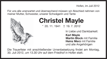 Traueranzeige von Christel Mayle von Schwäbische Post