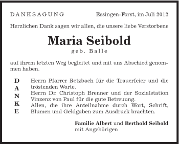 Traueranzeige von Maria Seibold von Schwäbische Post