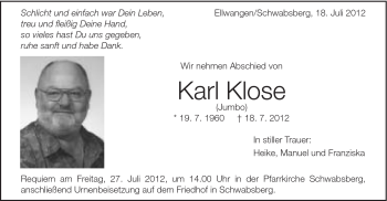 Traueranzeige von Karl Klose von Schwäbische Post