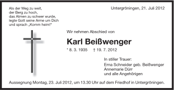 Traueranzeige von Karl Beißwenger von Schwäbische Post