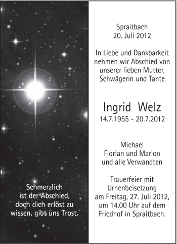 Traueranzeige von Ingrid Welz von Gmünder Tagespost