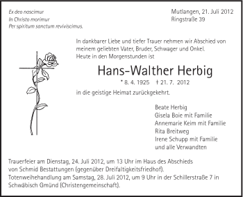 Traueranzeige von Hans-Walter Herbig von Gmünder Tagespost