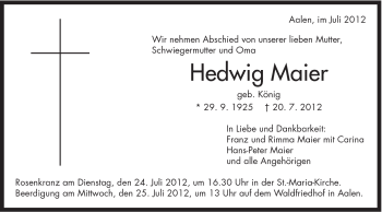 Traueranzeige von Hedwig Maier von Schwäbische Post