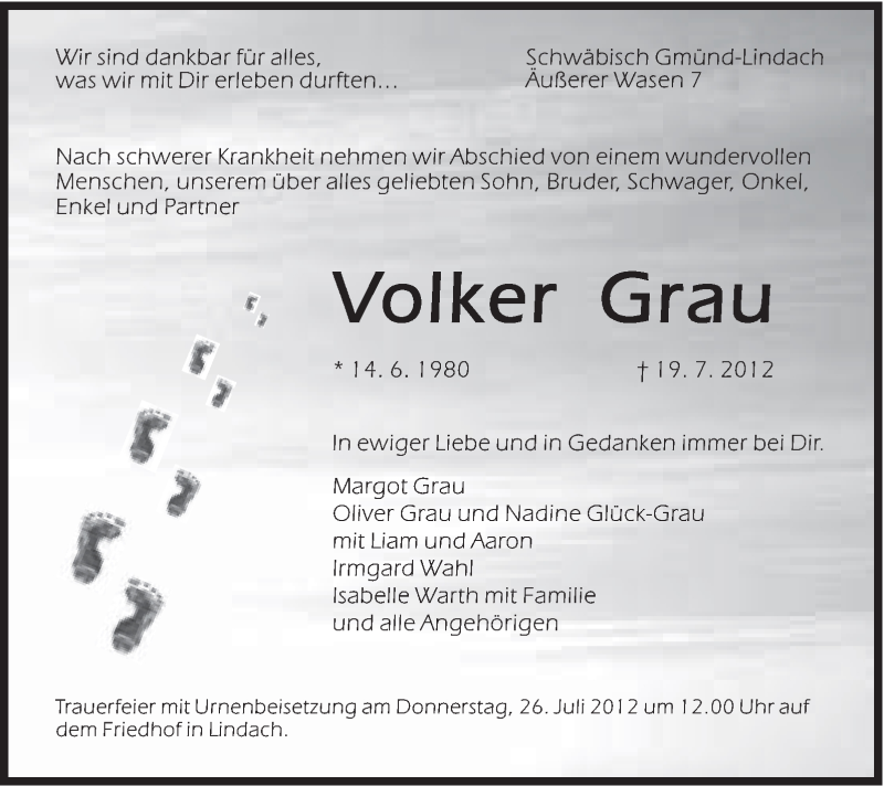  Traueranzeige für Volker Grau vom 24.07.2012 aus Gmünder Tagespost