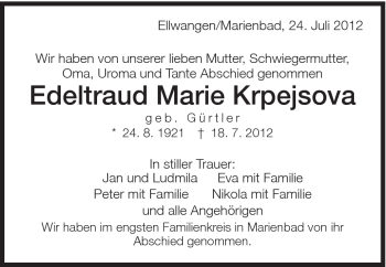 Traueranzeige von Edeltraud Krpejsova von Schwäbische Post