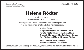 Traueranzeige von Helene Rödter von Schwäbische Post