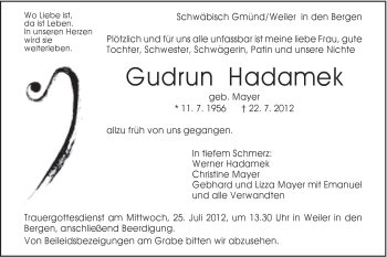 Traueranzeige von Gudrun Hadamek von Gmünder Tagespost