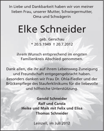 Traueranzeige von Elke Schneider von Gmünder Tagespost