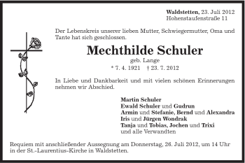 Traueranzeige von Mechthilde Schuler von Gmünder Tagespost