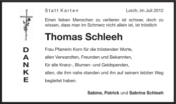 Traueranzeige von Thomas Schleeh von Gmünder Tagespost