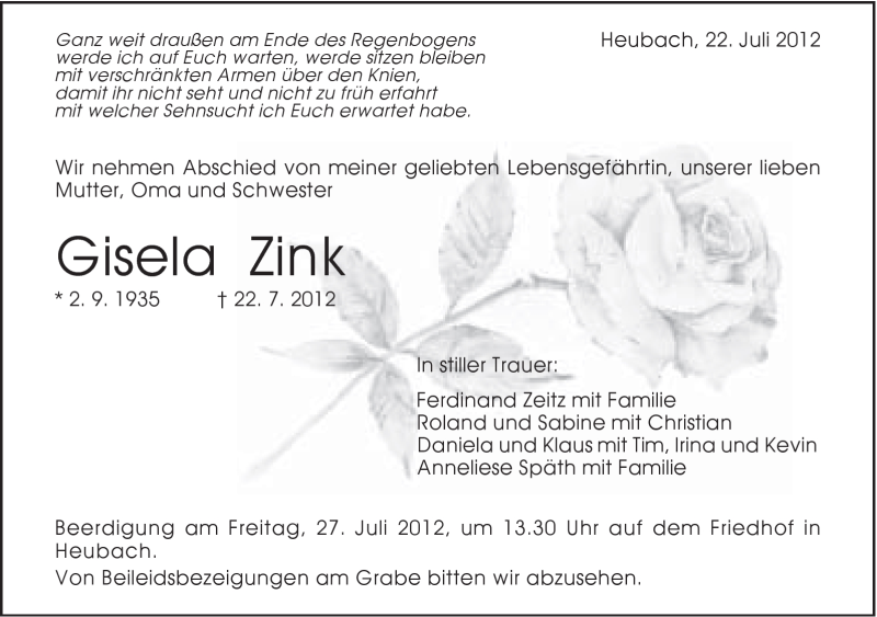  Traueranzeige für Gisela Zink vom 24.07.2012 aus Gmünder Tagespost
