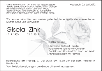 Traueranzeige von Gisela Zink von Gmünder Tagespost