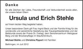 Traueranzeige von Ursula und Erich Stehle von Gmünder Tagespost