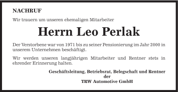 Traueranzeige von Leo Perlak von Gmünder Tagespost