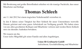 Traueranzeige von Thomas Schlee von Gmünder Tagespost