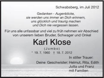Traueranzeige von Karl Klose von Schwäbische Post