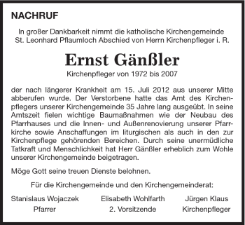 Traueranzeige von Ernst Gänßler von Schwäbische Post