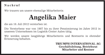 Traueranzeige von Angelika Meier von Gmünder Tagespost