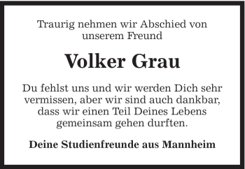 Traueranzeige von Volker Grau von Gmünder Tagespost