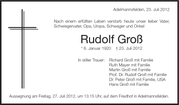Traueranzeige von Rudolf Groß von Schwäbische Post