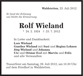 Traueranzeige von Rolf Wieland von Gmünder Tagespost