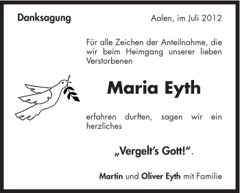 Traueranzeige von Maria Eyth von Schwäbische Post