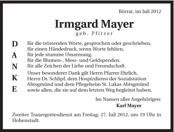 Traueranzeige von Irmgard Mayer von 088