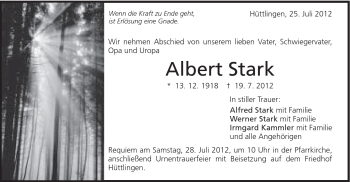 Traueranzeige von Albert Stark von Schwäbische Post