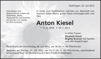 Traueranzeige von Anton Kiesel von Schwäbische Post