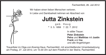 Traueranzeige von Jutta Zinkstein von Schwäbische Post