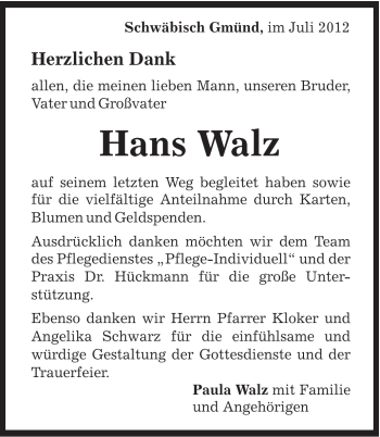 Traueranzeige von Hans Welz von Gmünder Tagespost