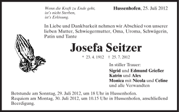Traueranzeige von Josefa Schmid von Gmünder Tagespost