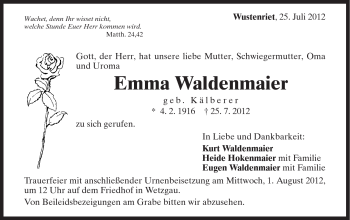 Traueranzeige von Emma Waldenmaier von Gmünder Tagespost