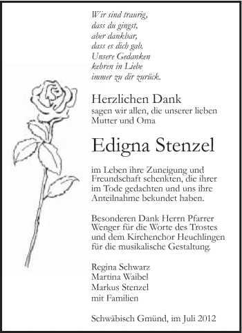 Traueranzeige von Edigna Stenzel von Gmünder Tagespost