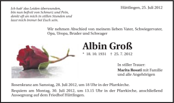Traueranzeige von Albin Groß von Schwäbische Post