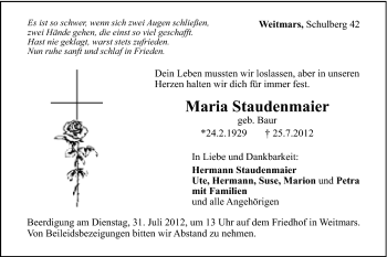 Traueranzeige von Maria Staudenmaier von Gmünder Tagespost