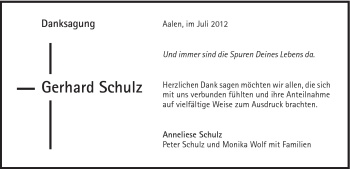 Traueranzeige von Gerhard Schulz von Schwäbische Post