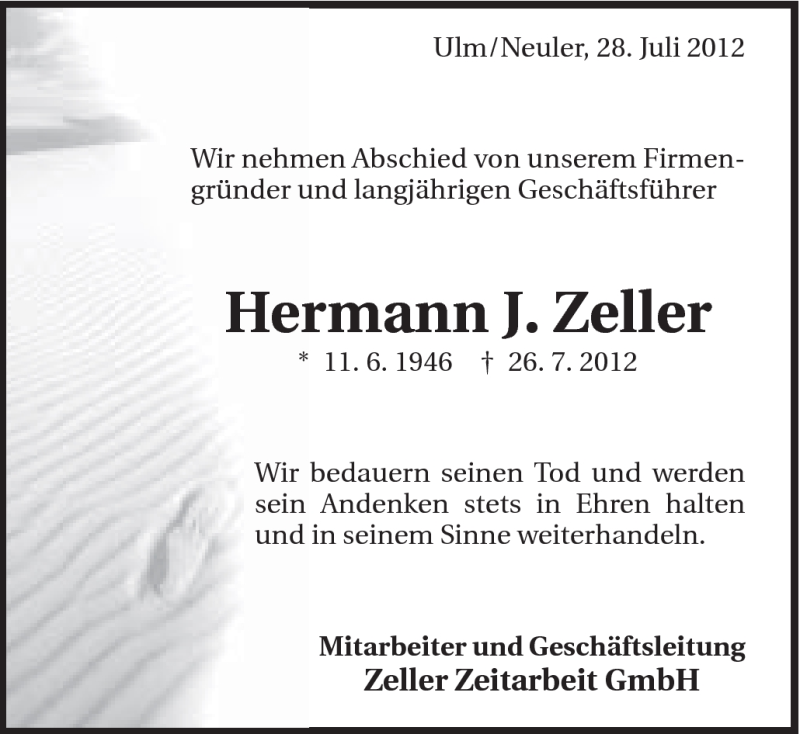  Traueranzeige für Hermann Zeller vom 28.07.2012 aus Schwäbische Post