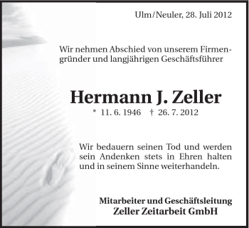 Traueranzeige von Hermann Zeller von Schwäbische Post