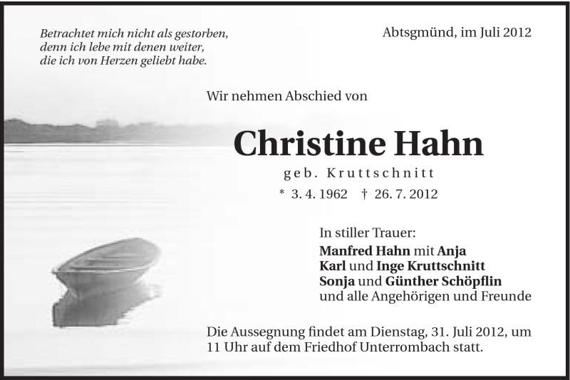  Traueranzeige für Christine Hahn vom 28.07.2012 aus Schwäbische Post