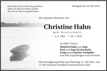Traueranzeige von Christine Hahn von Schwäbische Post