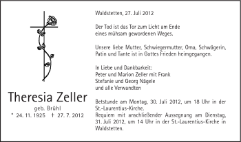 Traueranzeige von Theresia Zeller von Gmünder Tagespost