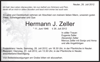 Traueranzeige von Hermann Zeller von Schwäbische Post