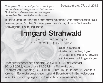 Traueranzeige von Irmgard Strahwald von Schwäbische Post