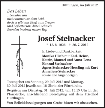 Traueranzeige von Josef Steinacker von Schwäbische Post