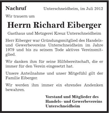 Traueranzeige von Richard Eiberger von Schwäbische Post