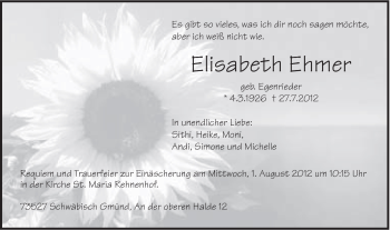 Traueranzeige von Elisabeth Ehmer von Gmünder Tagespost