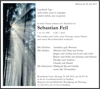 Traueranzeige von Sebastian Feil von Schwäbische Post