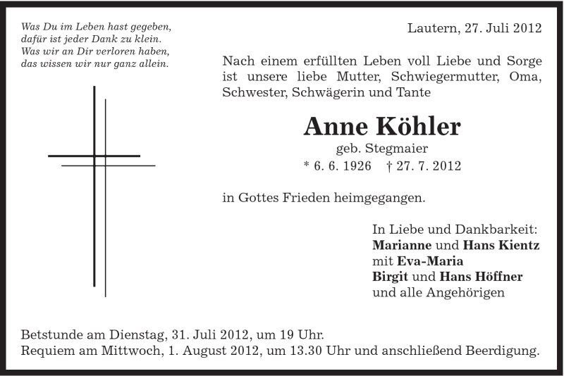  Traueranzeige für Anne Köhler vom 30.07.2012 aus Gmünder Tagespost