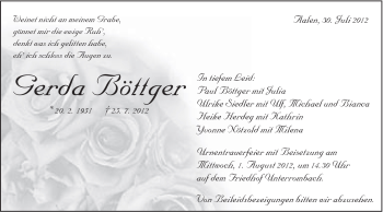 Traueranzeige von Gerda Böttger von Schwäbische Post